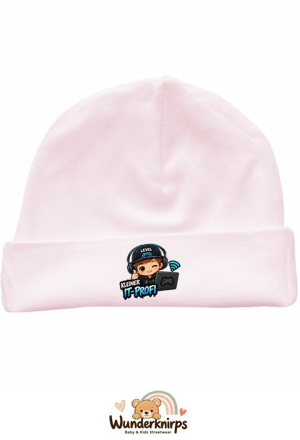 Umschlagmütze Rox-01 in Pastellrosa mit Motiv Kleiner IT-Profi
