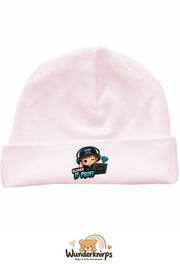 Umschlagmütze Rox-01 in Pastellrosa mit Motiv Kleiner IT-Profi