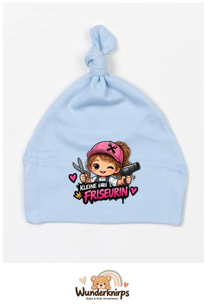 Knotenmütze Babybugz BZ15 in Staubblau mit Motiv Kleine Friseurin