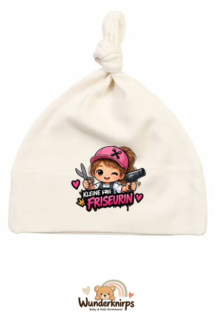 Knotenmütze Babybugz BZ15 in Natur mit Motiv Kleine Friseurin