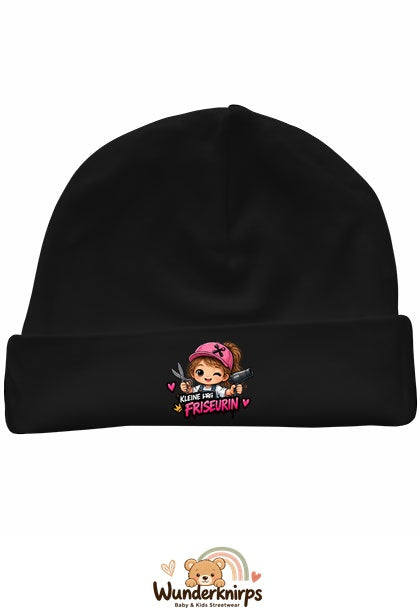 Umschlagmütze Rox-01 in Schwarz mit Motiv Kleine Friseurin
