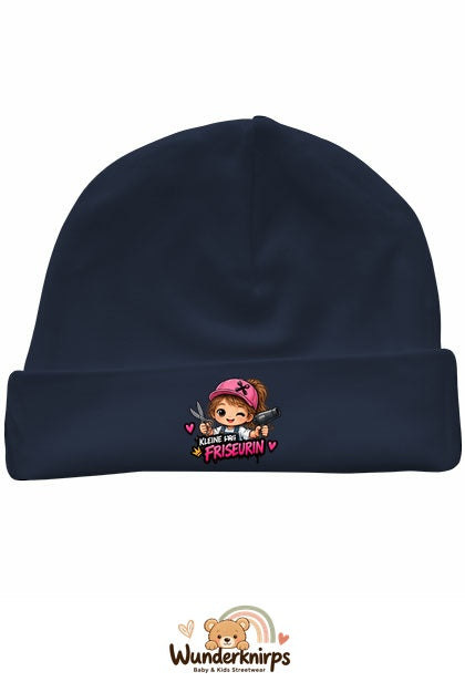 Umschlagmütze Rox-01 in Marineblau mit Motiv Kleine Friseurin