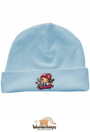 Umschlagmütze Rox-01 in Pastellblau mit Motiv Kleine Friseurin
