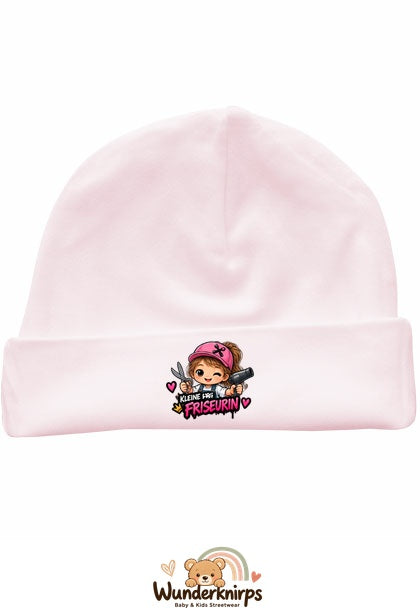 Umschlagmütze Rox-01 in Pastellrosa mit Motiv Kleine Friseurin
