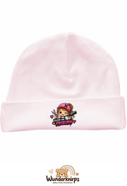 Umschlagmütze Rox-01 in Pastellrosa mit Motiv Kleine Friseurin