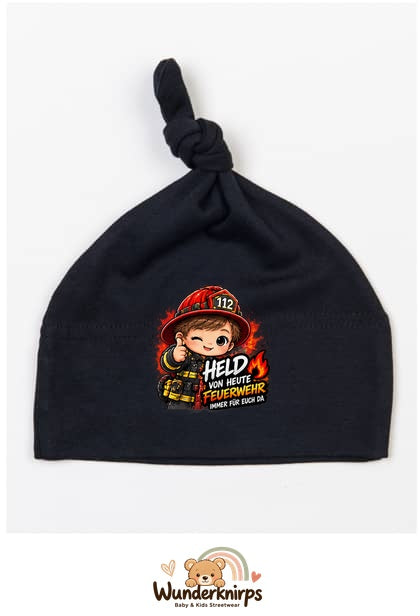 Knotenmütze Babybugz BZ15 in Schwarz mit Motiv Feuerwehr Held von heute