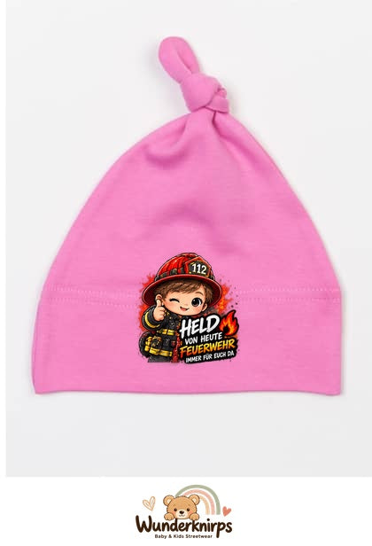 Knotenmütze Babybugz BZ15 in Bubblegum-Pink mit Motiv Feuerwehr Held von heute