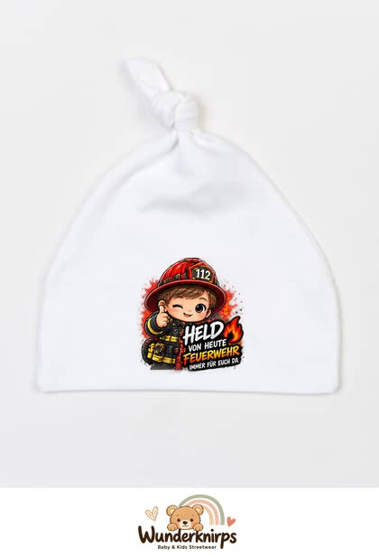 Knotenmütze Babybugz BZ15 in Weiß mit Motiv Feuerwehr Held von heute