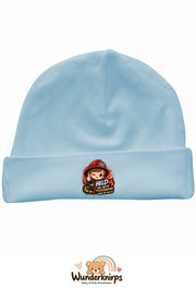 Umschlagmütze Rox-01 in Pastellblau mit Motiv Feuerwehr Held von heute