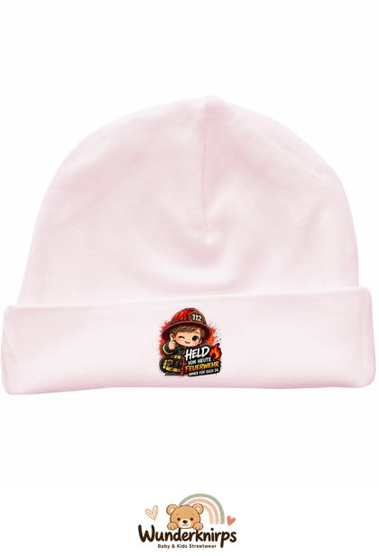 Umschlagmütze Rox-01 in Pastellrosa mit Motiv Feuerwehr Held von heute