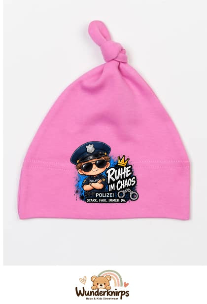 Knotenmütze Babybugz BZ15 in Bubblegum-Pink mit Motiv Polizei Ruhe im Chaos