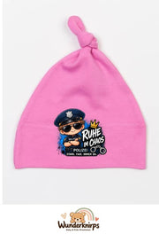 Knotenmütze Babybugz BZ15 in Bubblegum-Pink mit Motiv Polizei Ruhe im Chaos