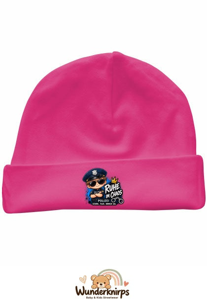 Umschlagmütze Rox-01 in Pink mit Motiv Polizei Ruhe im Chaos