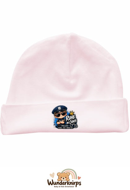 Umschlagmütze Rox-01 in Pastellrosa mit Motiv Polizei Ruhe im Chaos
