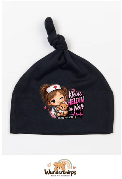 Knotenmütze Babybugz BZ15 in Schwarz mit Motiv Kleine Heldin in Weiß