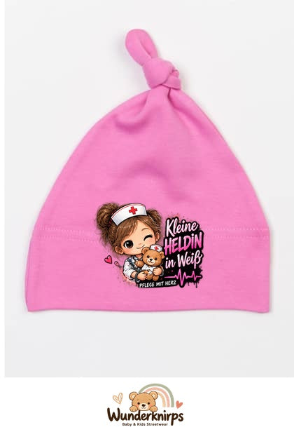 Knotenmütze Babybugz BZ15 in Bubblegum-Pink mit Motiv Kleine Heldin in Weiß