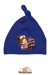Knotenmütze Babybugz BZ15 in Marineblau mit Motiv Kleine Heldin in Weiß