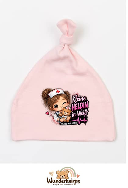 Knotenmütze Babybugz BZ15 in Pastellrosa mit Motiv Kleine Heldin in Weiß