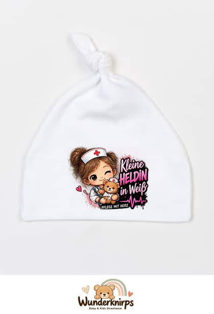 Knotenmütze Babybugz BZ15 in Weiß mit Motiv Kleine Heldin in Weiß