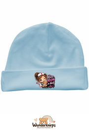 Umschlagmütze Rox-01 in Pastellblau mit Motiv Kleine Heldin in Weiß