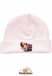 Umschlagmütze Rox-01 in Pastellrosa mit Motiv Kleine Heldin in Weiß