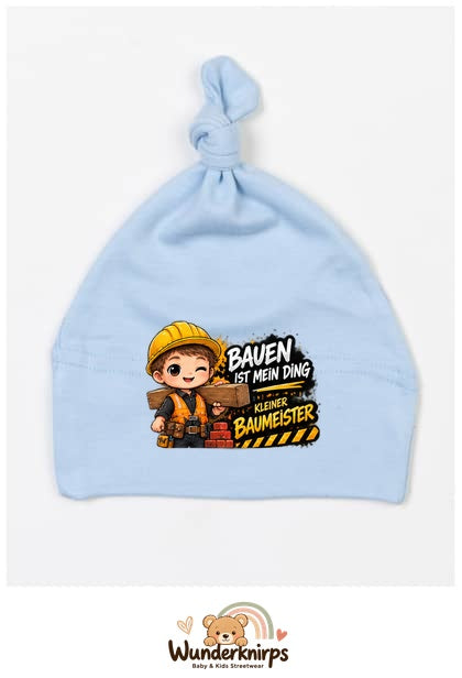 Knotenmütze Babybugz BZ15 in Staubblau mit Motiv Bauen ist mein Ding