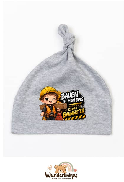 Knotenmütze Babybugz BZ15 in Grau meliert mit Motiv Bauen ist mein Ding