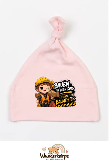 Knotenmütze Babybugz BZ15 in Pastellrosa mit Motiv Bauen ist mein Ding