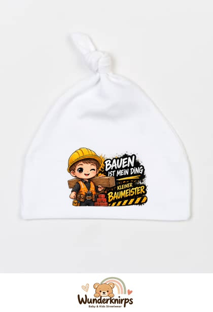 Knotenmütze Babybugz BZ15 in Weiß mit Motiv Bauen ist mein Ding