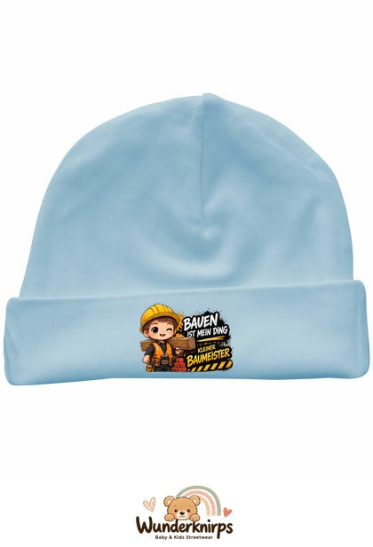 Umschlagmütze Rox-01 in Pastellblau mit Motiv Bauen ist mein Ding