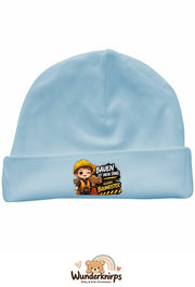 Umschlagmütze Rox-01 in Pastellblau mit Motiv Bauen ist mein Ding