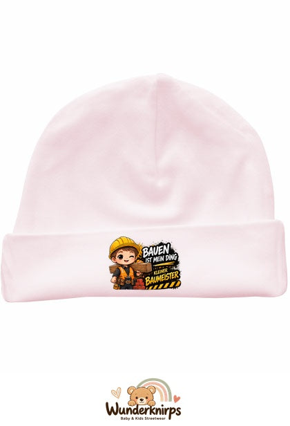 Umschlagmütze Rox-01 in Pastellrosa mit Motiv Bauen ist mein Ding