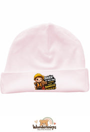 Umschlagmütze Rox-01 in Pastellrosa mit Motiv Bauen ist mein Ding