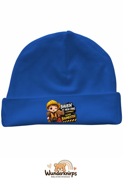 Umschlagmütze Rox-01 in Royalblau mit Motiv Bauen ist mein Ding