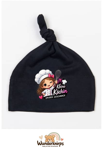 Knotenmütze Babybugz BZ15 in Schwarz mit Motiv Kleine Köchin, großer Geschmack
