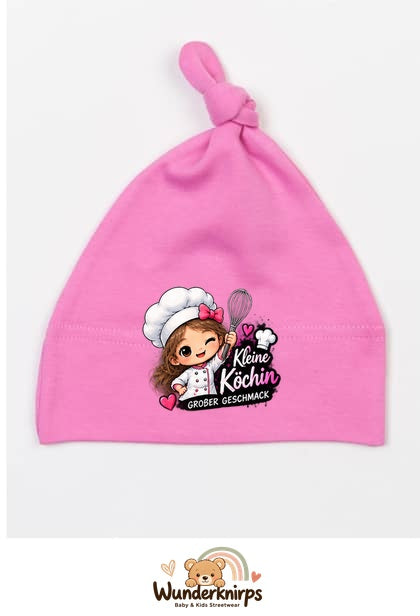 Knotenmütze Babybugz BZ15 in Bubblegum-Pink mit Motiv Kleine Köchin, großer Geschmack