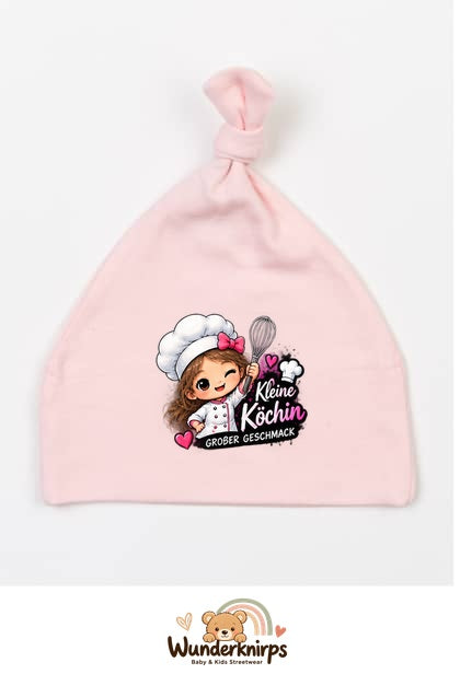 Knotenmütze Babybugz BZ15 in Pastellrosa mit Motiv Kleine Köchin, großer Geschmack