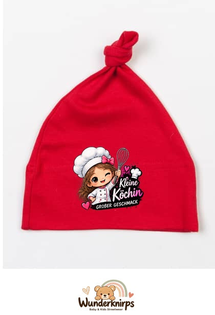Knotenmütze Babybugz BZ15 in Rot mit Motiv Kleine Köchin, großer Geschmack