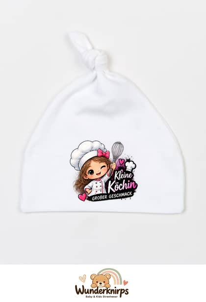 Knotenmütze Babybugz BZ15 in Weiß mit Motiv Kleine Köchin, großer Geschmack