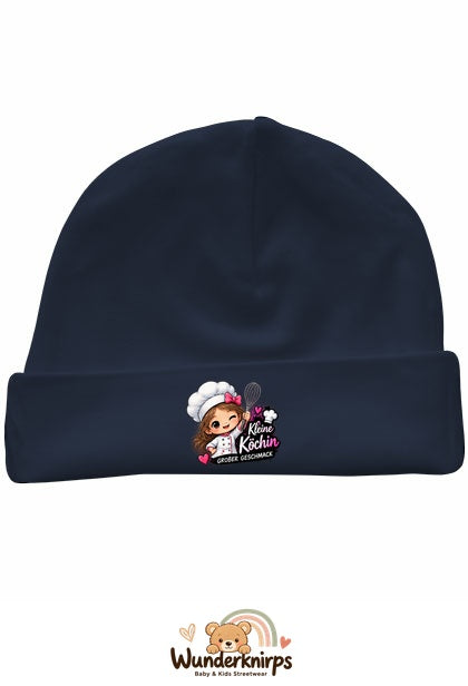Umschlagmütze Rox-01 in Marineblau mit Motiv Kleine Köchin, großer Geschmack
