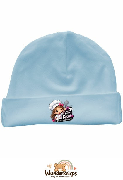 Umschlagmütze Rox-01 in Pastellblau mit Motiv Kleine Köchin, großer Geschmack