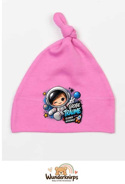 Knotenmütze Babybugz BZ15 in Bubblegum-Pink mit Motiv Astronaut Große Träume