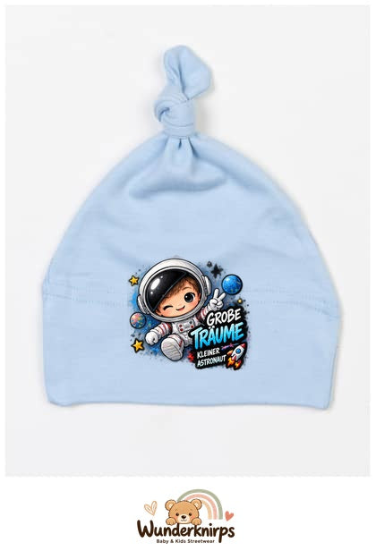Knotenmütze Babybugz BZ15 in Staubblau mit Motiv Astronaut Große Träume