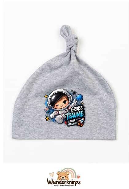 Knotenmütze Babybugz BZ15 in Grau meliert mit Motiv Astronaut Große Träume