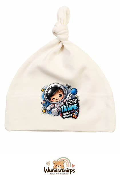 Knotenmütze Babybugz BZ15 in Natur mit Motiv Astronaut Große Träume