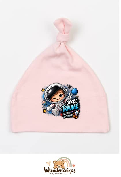 Knotenmütze Babybugz BZ15 in Pastellrosa mit Motiv Astronaut Große Träume