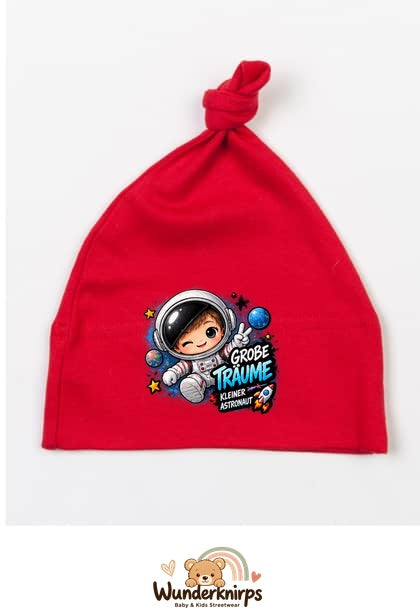 Knotenmütze Babybugz BZ15 in Rot mit Motiv Astronaut Große Träume
