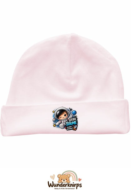 Umschlagmütze Rox-01 in Pastellrosa mit Motiv Astronaut Große Träume