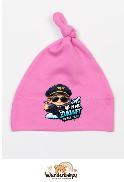 Knotenmütze Babybugz BZ15 in Bubblegum-Pink mit Motiv Pilot Ab in die Zukunft