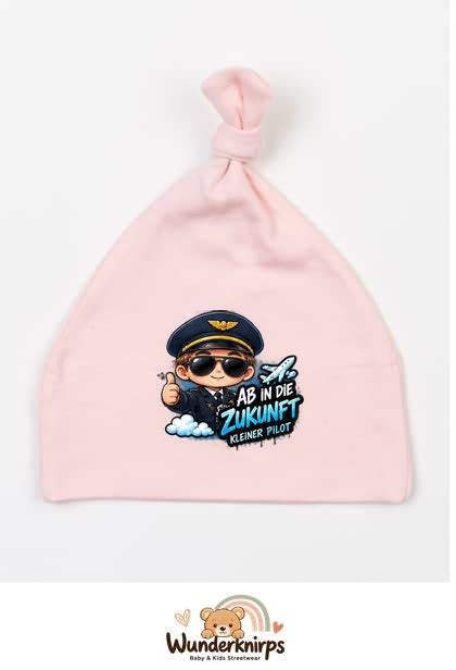 Knotenmütze Babybugz BZ15 in Pastellrosa mit Motiv Pilot Ab in die Zukunft